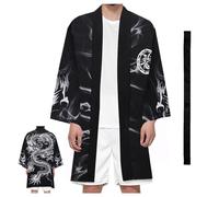 Men's Kimono Cardigan Plus Size Lightweight Kimono Robe with Belt Dragon Print Long Open Front Bathrobe Tops Coat,Black-M
