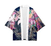 Men's Kimono Jacket 3/4 Sleeve Japanese Open Style Cardigan Crane Print, Z-flowers and cranes, 6X-Large