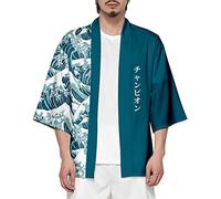 Men's Kimono Jacket with 3/4 Sleeves Japanese Style Open Cardigan with Crane Pattern Print, Green U-Waves, L