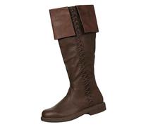 Mens Knee High Boots, Vintage Medieval Nordic Viking Cowboy Boots Leather Slip On Square Toe Costume Accessories Women'S Round Head Chunky Heel Shoes