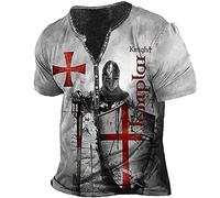Men's Knight Templar 3D Print Short Sleeve T-Shirt Summer Vintage Distressed Shirt V-Neck Button Up Shirt Motorcycle Biker Tops