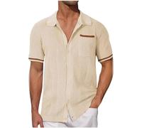Mens Knit Shirts Solid Henley Loose Shirt Button Down Lapel Short Sleeve Lightweight Knitted Casual Shirts Business Formal Blouses Summer Holiday Office Work Shirt with Pocket UK Size S-3XL Clearance