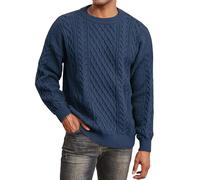 Men's Knit Sweater Crewneck Loose Fit Casual Twist Patterned Textured Long Sleeve Cable Knitted Pullover, Navy Blue, Large