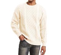 Men's Knit Sweater Crewneck Loose Fit Casual Twist Patterned Textured Long Sleeve Cable Knitted Pullover, Cream, Large