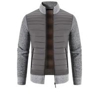 Mens Knitted Cardigan Hybrid Quilted Fleece Lined Jacket Textured Ribbed Edge Sweaters Stand up Collar Zipper Knitwear Thick Warm Outerwear Jackets with Pockets for Winter-Autumn Wear