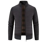 Mens Knitted Cardigan Hybrid Quilted Fleece Lined Jacket Textured Ribbed Edge Sweaters Stand up Collar Zipper Knitwear Thick Warm Outerwear Jackets with Pockets for Winter-Autumn Wear