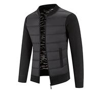 Mens Knitted Cardigan Hybrid Quilted Fleece Lined Jacket Textured Ribbed Edge Sweaters Stand up Collar Zipper Knitwear Thick Warm Outerwear Jackets with Pockets for Winter-Autumn Wear Black