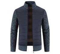 Mens Knitted Cardigan Hybrid Quilted Fleece Lined Jacket Textured Ribbed Edge Sweaters Stand up Collar Zipper Knitwear Thick Warm Outerwear Jackets with Pockets for Winter-Autumn Wear