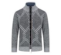 Mens Knitted Cardigan Thick Sweater Full Zip Stand Collar Warm Jumper Fleece Lined Winter Coat, Light Grey 1, M