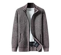 Mens Knitted Cardigan Thick Sweater Plain Fleece Lined Jumper Full Zip Stand Collar Warm Jumper Knitwear Classic Knitted Fleece Lined Winter Coat Coffee