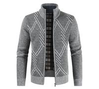 Mens Knitted Cardigan Thick Sweater Thick Knitted Zipper Pattern Cardigan Sweater Full Zip Long Sleeve Knitted Wool Jacket Cardigan Unisex Handmade Warm Business Knitwear Light Gray