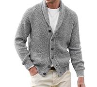 Men's Knitted Cardigan Thick Warm Button Cardigan Shawl Collar Cotton Knitted Jumper Solid Color Sweater Coat Chunky Knitwear Casual Knit Jacket Autumn Winter Thermal Outerwear with Pocket Grey