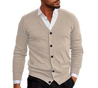 Mens Knitted Cardigan | V Neck Button Jumper Plain Coloured | Long-Sleeve Cardigan Sweater for Mens | Slim Fit Solid Color Workcardigan | Warm Comfort Autumn Winter Jacket with Pockets Beige