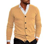 Mens Knitted Cardigan | V Neck Button Jumper Plain Coloured | Long-Sleeve Cardigan Sweater for Mens | Slim Fit Solid Color Workcardigan | Warm Comfort Autumn Winter Jacket with Pockets Orange