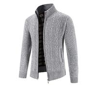Mens Knitted Causal Cardigan Jumper Sweatshirt Coat Autumn Winter Sherpa Lined Full Zip Front Stand Collar Classic Knitwear Jumper Long Sweaters Hooded Chunky Knitwear Outwear Top Grey