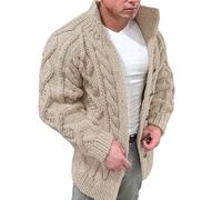 Mens Knitted Jumper Thick Warm Knitted Sweater Jacket Cable Knit Cardigan Chunky Stand Collor Button Down Knitwear Autumn Winter Casual Warm Sweater Coat Thermal Solid Color Outerwear Khaki