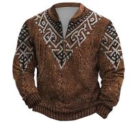 Men's Knitted Jumper with Celtic Pattern, Winter Troyer in 3D Knitted Look, Rustic Pullover with Zip Collar and Elbow Patches, Style W01 Black, 3XL