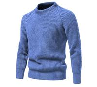 Mens Knitted Jumpers, Chunky Fisherman Jumper, Crew Neck Cotton Sweater, Thick Thermal Pullover Knitwear Raglan Sleeve Work Jumper Golf Sweater Autumn Winter Casual Warm Solid Color Jumpers Blue