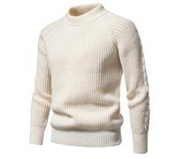 Mens Knitted Jumpers, Chunky Fisherman Jumper, Crew Neck Cotton Sweater, Thick Thermal Pullover Knitwear Raglan Sleeve Work Jumper Golf Sweater Autumn Winter Casual Warm Solid Color Jumpers White