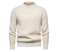 Mens Knitted Jumpers, Chunky Fisherman Jumper, Crew Neck Cotton Sweater, Thick Thermal Pullover Knitwear Raglan Sleeve Work Jumper Golf Sweater Autumn Winter Casual Warm Solid Color Jumper White