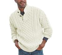 Mens Knitted Jumpers | Stand Collar Button Knitwear | Cable Knit Jumper Tops | Thick Long Sleeve Pullover Sweater | Autumn and Winter Warm Solid Color Sweaters | Casual Smart Jumpers White