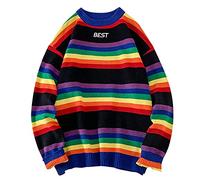 Mens Knitted Rainbow Jumper Long Sleeve Loose Fit Winter Sweater Crew Neck Casual Sweatshirt Oversized Stripe Pullover Tops Colorful Fashion Work Jumpers Classic Lightweight Sport Sweaters