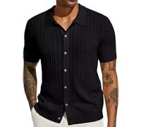Men's Knitted Shirt Short Sleeve Summer Cut Out Shirt Beach Button Down Shirt Short Sleeve Knitted Shirt Casual Button Hollow Out Beach Shirt Polo Shirt Men Short Sleeve Knitted Polo Shirt, black, L