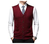 Mens Knitted Sleeveless Jumpers Wool Blend Front Button Cardigan Vest Twist Cable Knitwear Tank Wine Red