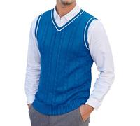Men's Knitted Slim Gilets Gentlemen Spring Fall Sleeveless Outwear Sweater Twisted Pattern V-Neck Jumpers Vest Blue L