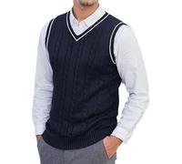 Men's Knitted Slim Gilets Gentlemen Spring Fall Sleeveless Outwear Sweater Twisted Pattern V-Neck Jumpers Vest Dark Blue XL