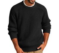 Mens Knitted Sweater | Long Sleeve Knitted Pullover | Crew Neck Knit Jumper | Chunky Fisherman Jumper | Thick Solid Color Knitwear | Work Sweater Tops | Autumn Winter Casual Thermal Jumper Black