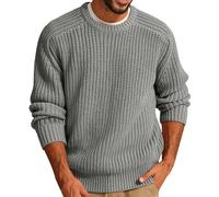 Mens Knitted Sweater | Long Sleeve Knitted Pullover | Crew Neck Knit Jumper | Chunky Fisherman Jumper | Thick Solid Color Knitwear | Work Sweater Tops | Autumn Winter Casual Thermal Jumper Grey