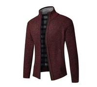 Mens Knitted-Thick Winter-Casual Stand-Collar Cardigan-Sweater - Slim Fit Solid Color Jumper with Pocket Full Front Zipper Classic Style Fleece Lined Thermal Warm Jacket for Men UK Wine Red L