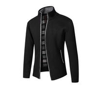 Mens Knitted-Thick Winter-Casual Stand-Collar Cardigan-Sweater - Slim Fit Solid Color Jumper with Pocket Full Front Zipper Classic Style Fleece Lined Thermal Warm Jacket for Men UK Black S