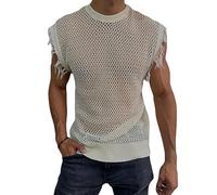 Men's Knitted Vest Summer Street Trendy Sleeveless Hollowout Slim Fit Vest Round Neck Tank Shirt Mens Prom Mens Tank Top A-White XXL