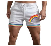 Men's Kruz Tight Shots with Rainbow Stripes Legs Drawstring Rainbow Print Sports Shorts Breathable Beach Shorts Edge Elastic Waist Leisure Shorts for Men Beach Sports, O White, M