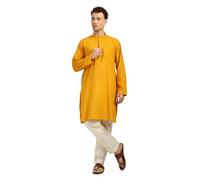 Men's Kurta Pajama Set, 100% Cotton, Solid Long Kurta with White Pajama Pants, Traditional Indian Ethnic Outfit for Wedding, mustard yellow, XL