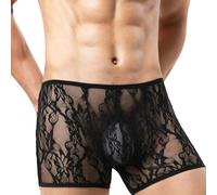 Men's Lace Mesh Underwear Boxer Shorts Low Rise Trunks Transparent Fabric Design for Enhanced Breathability (L Black)
