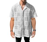 Mens Lace Sheer Button Down Shirt Floral Meshed Short Sleeves Knit Shirts Tee Top Openwork Beach Casual Vacation, White, XXL