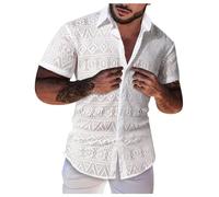 Men's Lace Shirt Summer Short Sleeve Transparent T-Shirt Casual Shirts Men Lace Shirts V-Neck Lace Shirt Casual Summer Shirt Baggy Linen Shirt Hawaiian Shirt Cardigan, White, M