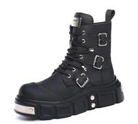 Men's Lace Up Biker Boots with Side Zipper Round Toe PU Leather Short Boots Block Heel Platform Combat Boot,Black,5 UK