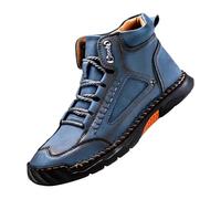 Mens Lace up Boots Orthopedic Trainers Wide Fit Leather Sneakers Casual Arch Support High Top Hiking Shoes Comfortable Flat Platform Boot Outdoor Trekking Sports Footwear (Dark Blue, 7.5)
