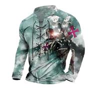 Men's Lace Up Long Sleeve T-Shirt Vintage Stand Collar Henley Shirt Knight Templar 3D Printed Top Outdoor Streetwear Blue