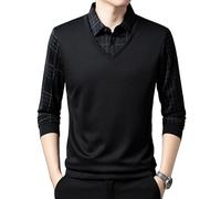 Men's Lapel Faux Two-Piece Warm Top, Men Long Sleeve Faux 2-Piece Knitted Polo Shirt, Long Sleeve Polo Shirts (Black,M)