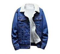 Men's Lapel Sherpa Fleece Lined Denim Jacket Windbreaker Thicken Distressed Trucker Jean Jackets Winter Cowboy Coats Dark Blue