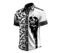 Men's Large Collar Shirt with Halloween Trick and Skeleton Print, Lapel and Button-Down Button Placket, Short Sleeve Shirt Minimum Men's, White, XXL