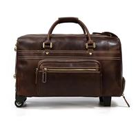 Men's Large Genuine Leather Travel Wheeled Duffel Cowhide Trolley Case 20" Brown Big Rolling Luggage Bag(Color01)