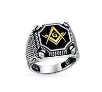 Men's Large Statement Solid Compass Freemason Masonic Signet Ring .925 Sterling Silver Tri Tone Black Gold Inlay