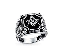 Men's Large Statement Solid Compass Freemason Masonic Signet Ring .925 Sterling Silver Two Tone Black Inlay