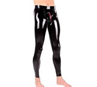 Men's Latex Leggings with Red Zipper Around The Crotch,Latex Rubber Pants Low Waist Handmade, Black, X-Large